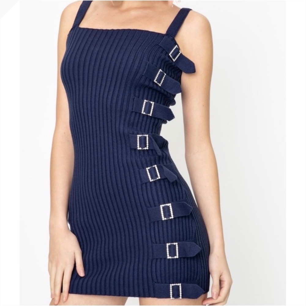 For Love & Lemons Tuileries Ribbed Navy Mini Dress‎ Crystal Buckle Straps
